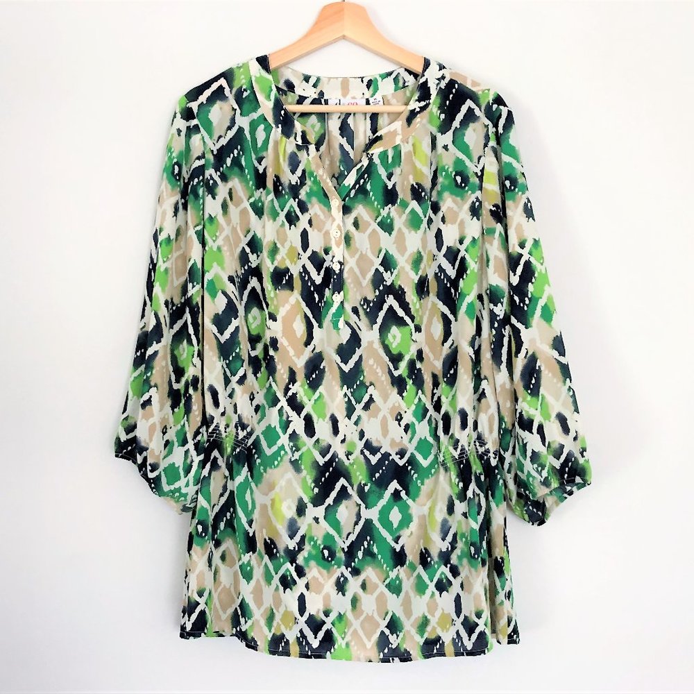 Denim & Co navy green print blouse tunic